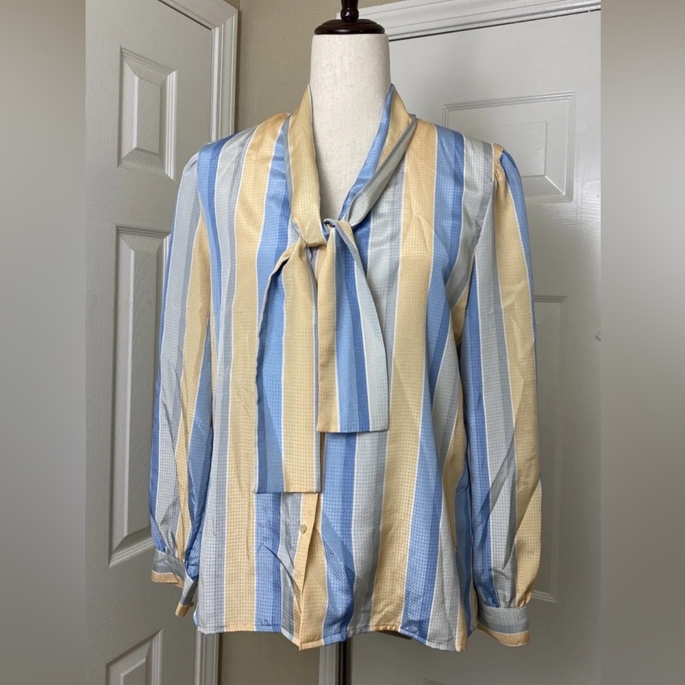Personal Womens Vintage Blouse Size 10 Blue Yellow  Long Sleeve Lightweight Top